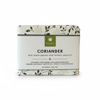 TONIC | Coriander bar soap, wrapped in packaging on a white background