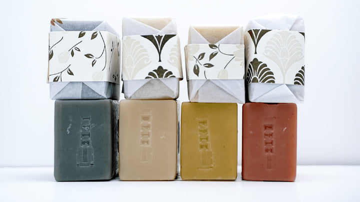 Half sized bar soaps, wrapped in a wabi sabi style made-to-order for a vacation rental 