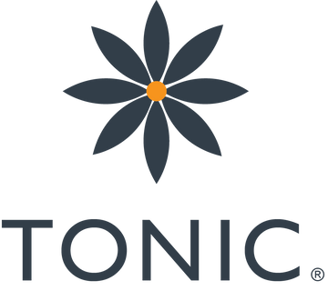 TONIC logo consisting of eight petals charcoal colored symmetrically arranged around an orange circle above the word TONIC and registered trademark symbol