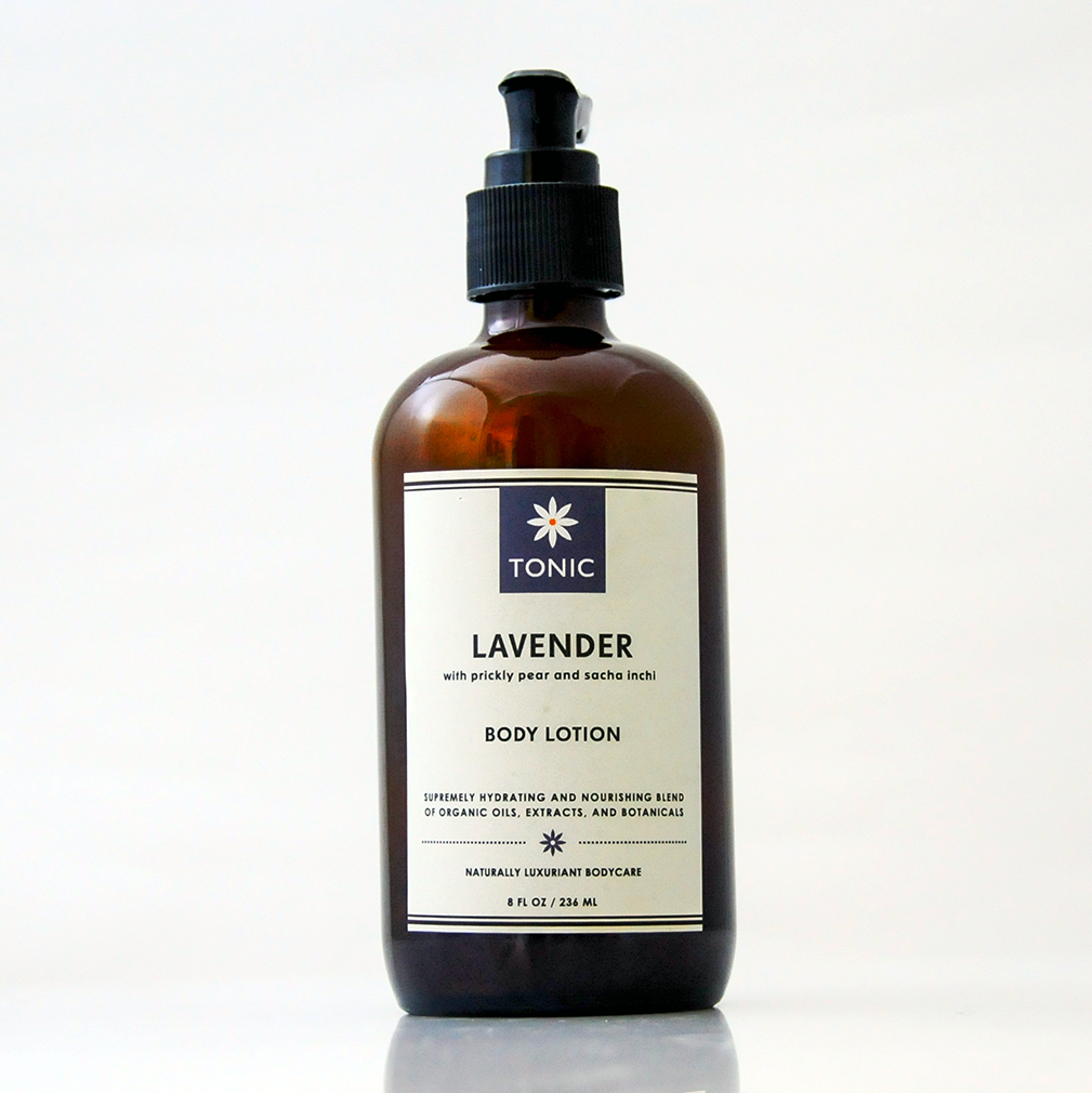TONIC Lavender Body Lotion with Prickly Pear and Sacha Inchi Oils - in an amber bottle on an off white background