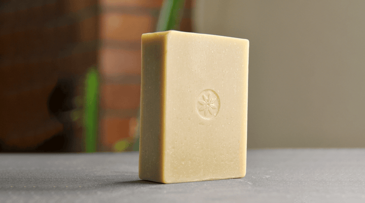 Avocado Bar Soap by Tonic unwrapped against a brick background