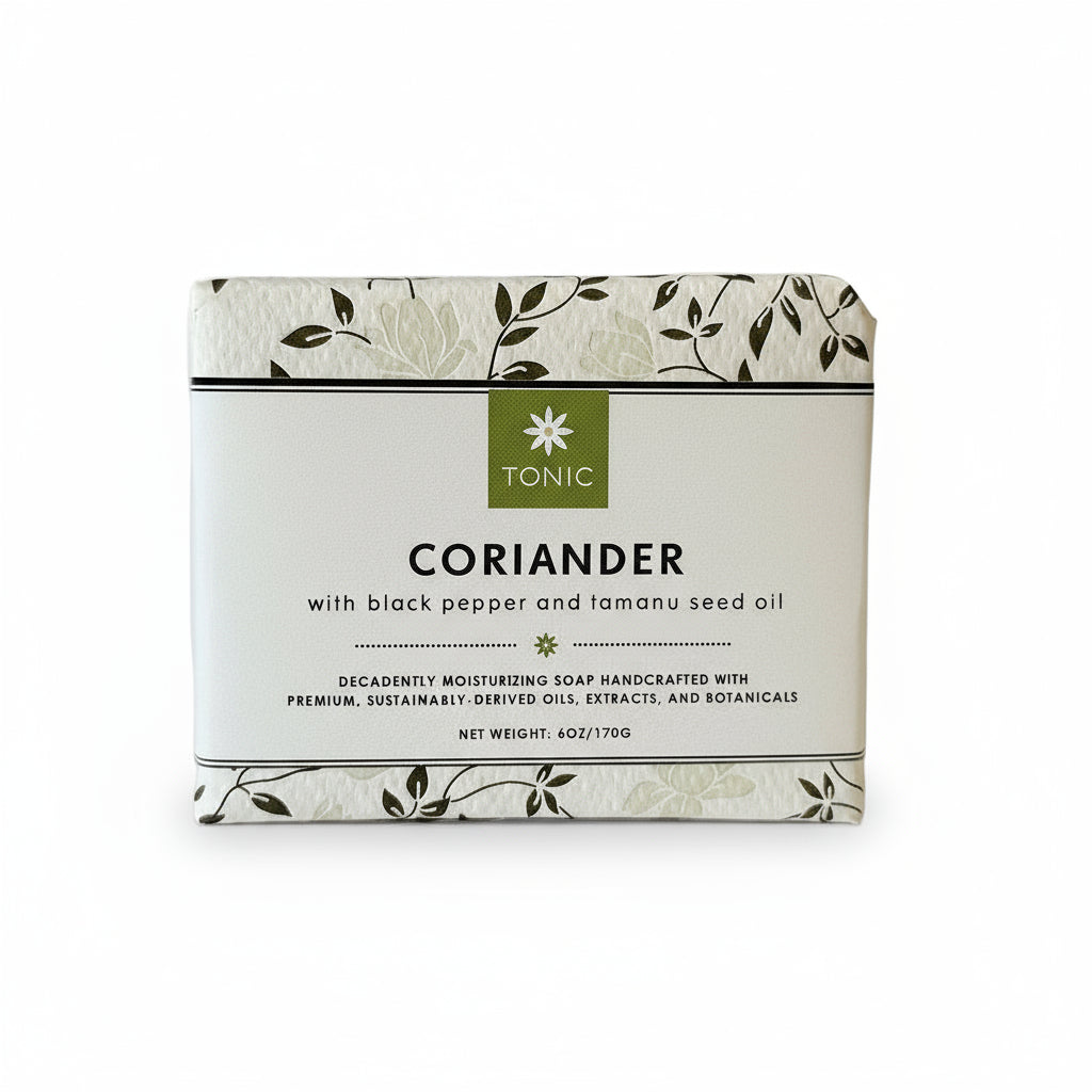 TONIC | Coriander bar soap, wrapped in  packaging on a white background