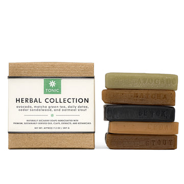 Herbal Collection Soap Samplere with Avocado, Matcha Green Tea, Detox, Cedar Sandalwood, and Oatmenal Stout bar soaps.