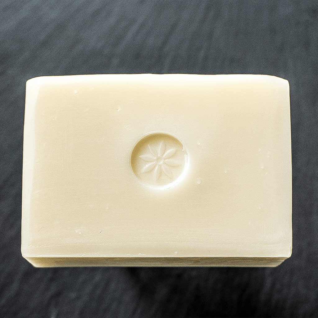 Naked unscented bar soap unwrapped on a black slate background