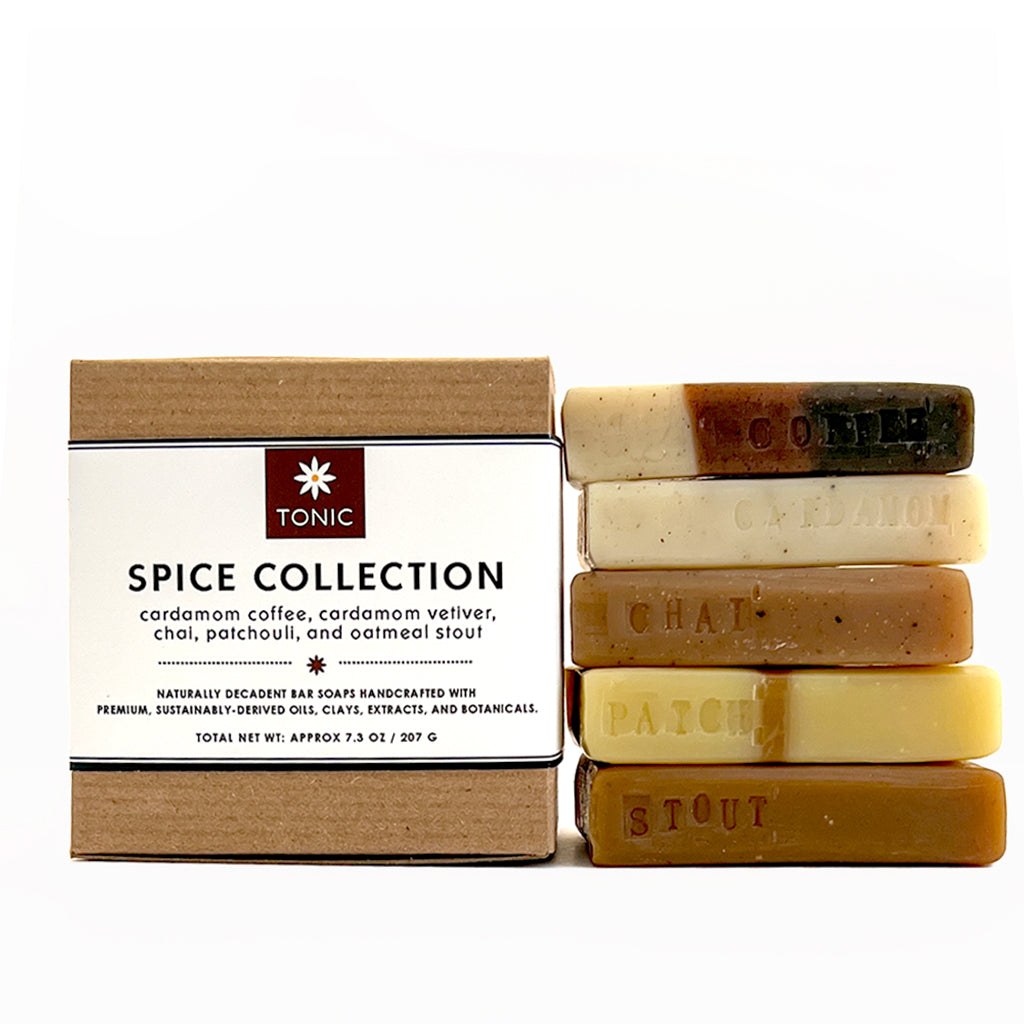 TONIC Spice Collection Bar Soap Sampler with Cardamom Coffee, Cardamom Vetiver, Chia, Patchouli, and Oatmeal Stout