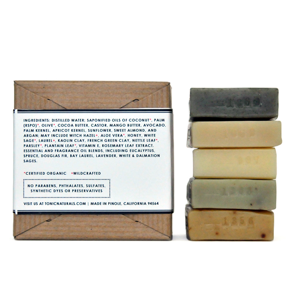 Ingredient panel and stack of petit bar soaps from Tonic's West Marin Collections